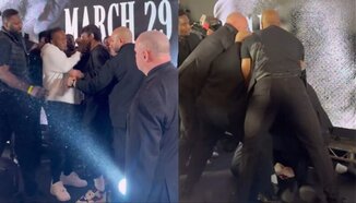 KSI цапардоса Дилън Данис с палачинка по време на пресконференция