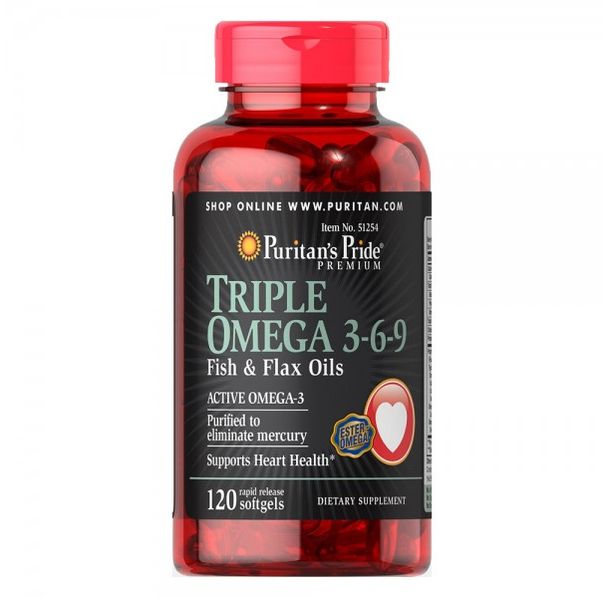 Puritan's Pride - Triple Omega 3-6-9 Fish &amp; Flax Oils / 120 капсули​